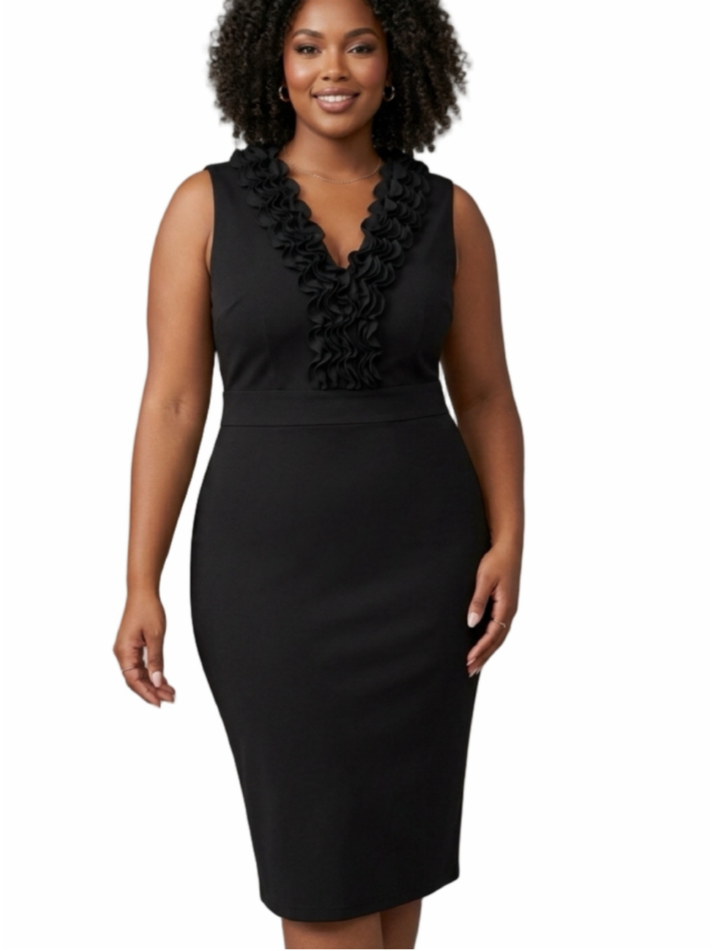 Quiet Luxury Ruffle V-Neck Little Black Dress SZ18 Midi 90s Minimalist 1257